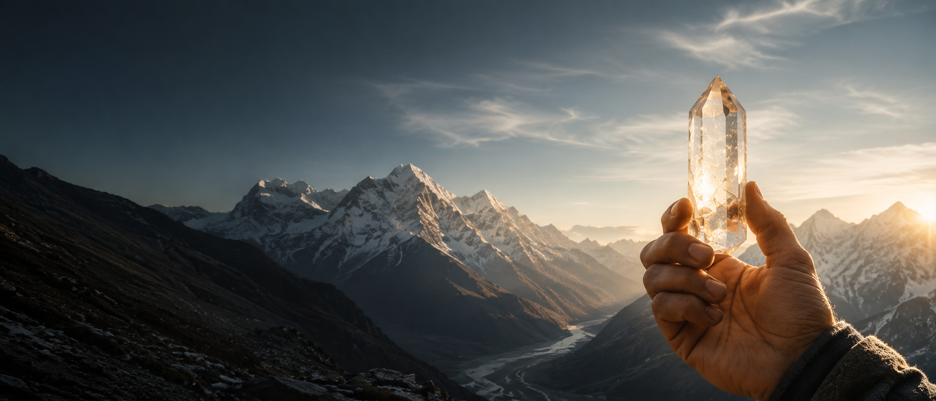 A clear Himalayan crystal held in front of snow-covered mountains